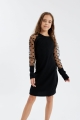 lasten juhlapuku, Stella Black Dot Elegance, musta juhlamekko lapsille, tyttöjen tyylikäs mekko, mekko baleihin lapsille, mekko häihin tytöille, lasten syntymäpäivämekko, pilkulliset hihat, poliesterimekko lapsille