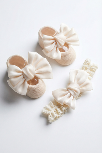Vauvan pitsisukat ja puristamaton hiuspanta – Beige eleganssi 0–12 kk