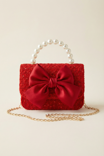 Punainen tyttöjen käsilaukku rusetilla ja helmikahvalla